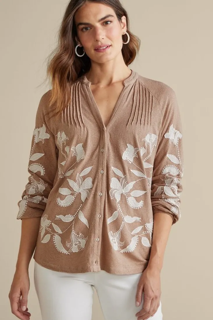 Online Soft Surroundings Alva Embroidered Knit Top Beige