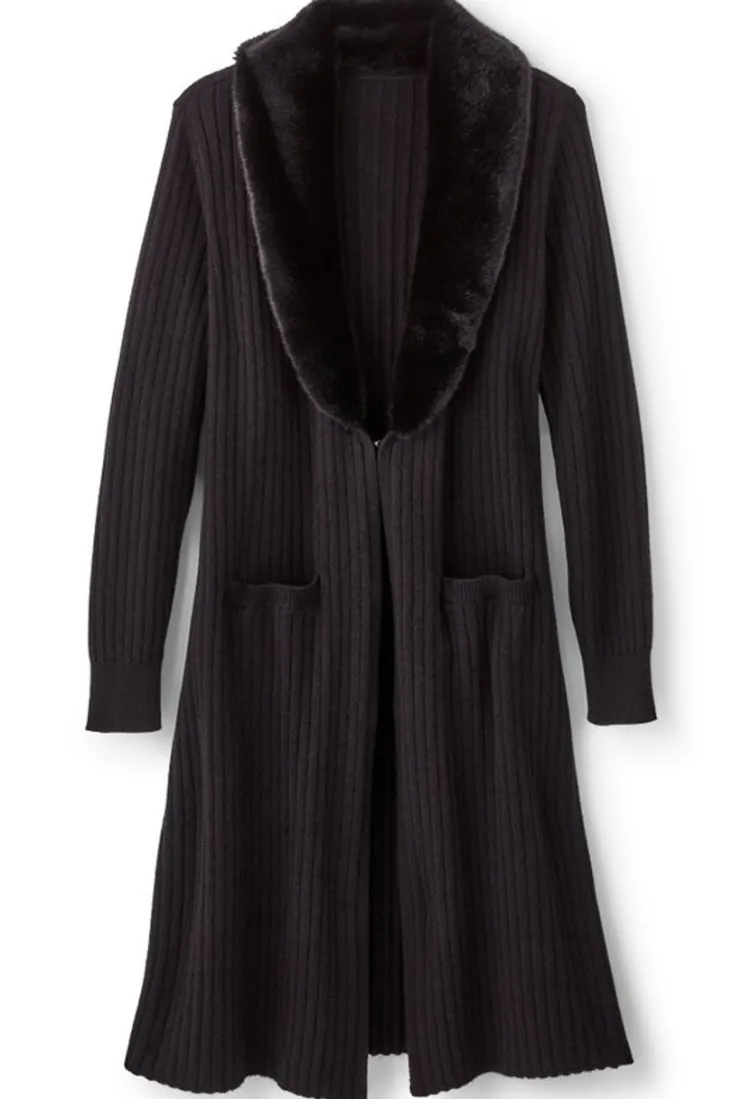 Store Soft Surroundings Amalie Faux Fur Collar Ribbed Cardigan Black