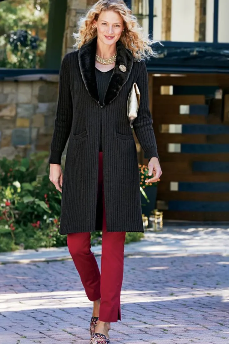 amalie_faux_fur_collar_ribbed_cardigan_4.webp Store Soft Surroundings Amalie Faux Fur Collar Ribbed Cardigan Black