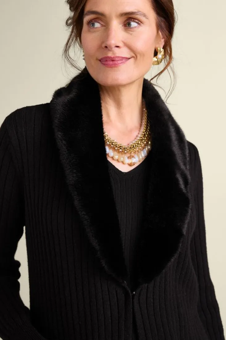 amalie_faux_fur_collar_ribbed_cardigan_5.webp Store Soft Surroundings Amalie Faux Fur Collar Ribbed Cardigan Black