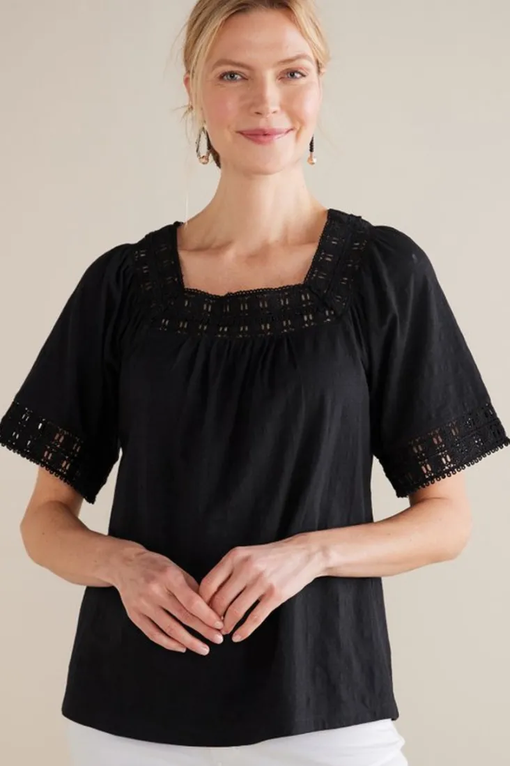 Best Soft Surroundings Brianna Crochet Knit Tee Black