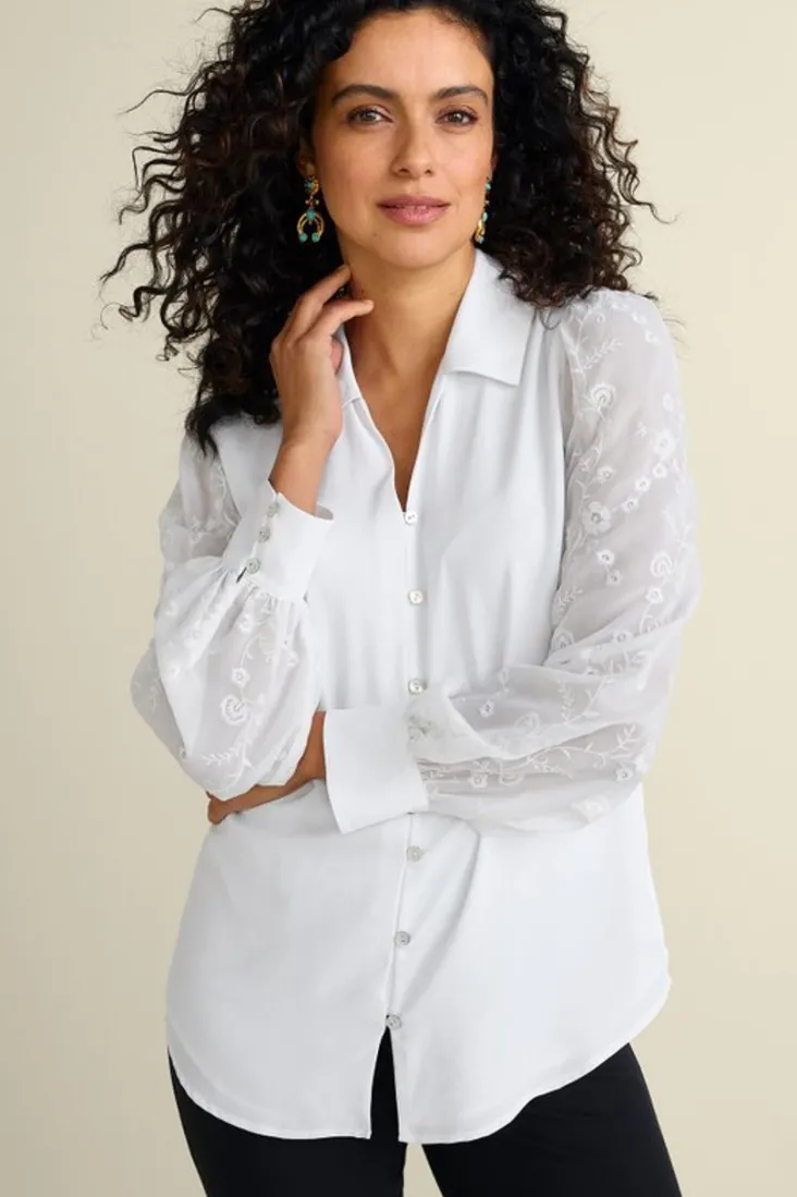 Online Soft Surroundings Calathea Embroidered Sleeve Shirt White