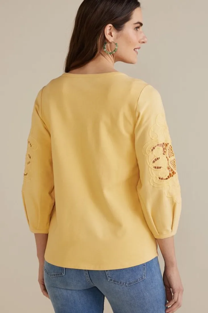 charmaine_embroidered_french_terry_top_11.webp Clearance Soft Surroundings Charmaine Embroidered French Terry Top BuffYellow