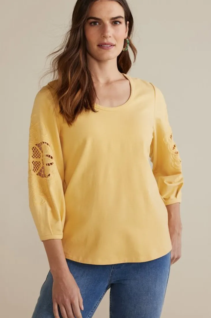 charmaine_embroidered_french_terry_top_2.webp Clearance Soft Surroundings Charmaine Embroidered French Terry Top BuffYellow