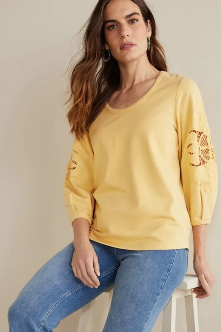 charmaine_embroidered_french_terry_top_7.webp Clearance Soft Surroundings Charmaine Embroidered French Terry Top BuffYellow