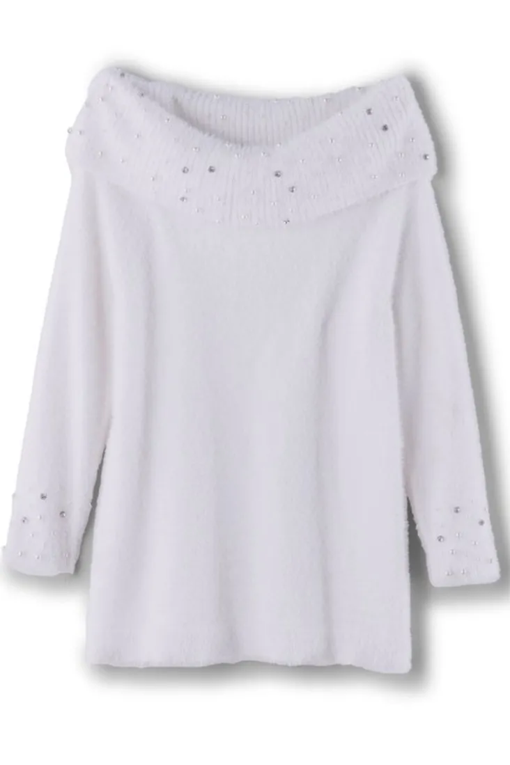 Flash Sale Soft Surroundings Christina Embellished Cowl Neck Sweater Tunic IvoryPearl