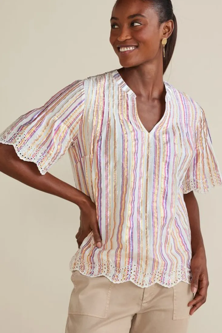 ciel_metallic_stripe_eyelet_top_0.webp Clearance Soft Surroundings Ciel Metallic Stripe Eyelet Top MultiMetallicStripe