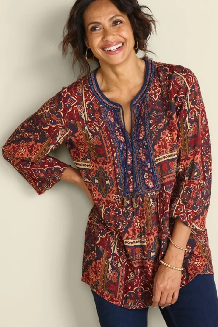 cindra_embroidered_gauze_tunic_0.webp New Soft Surroundings Cindra Embroidered Gauze Tunic RivieraPatchworkBurgund