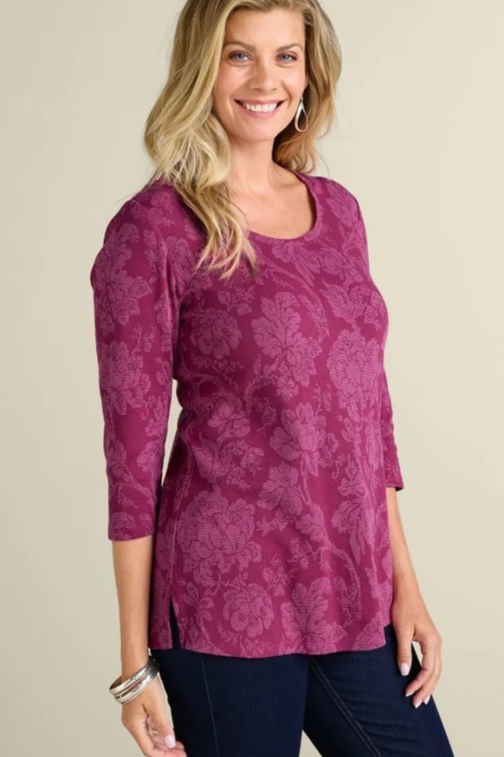 clarette_jacquard__sleeve_tunic_0.webp Fashion Soft Surroundings Clarette Jacquard 3/4 Sleeve Tunic SilhouetteFloral