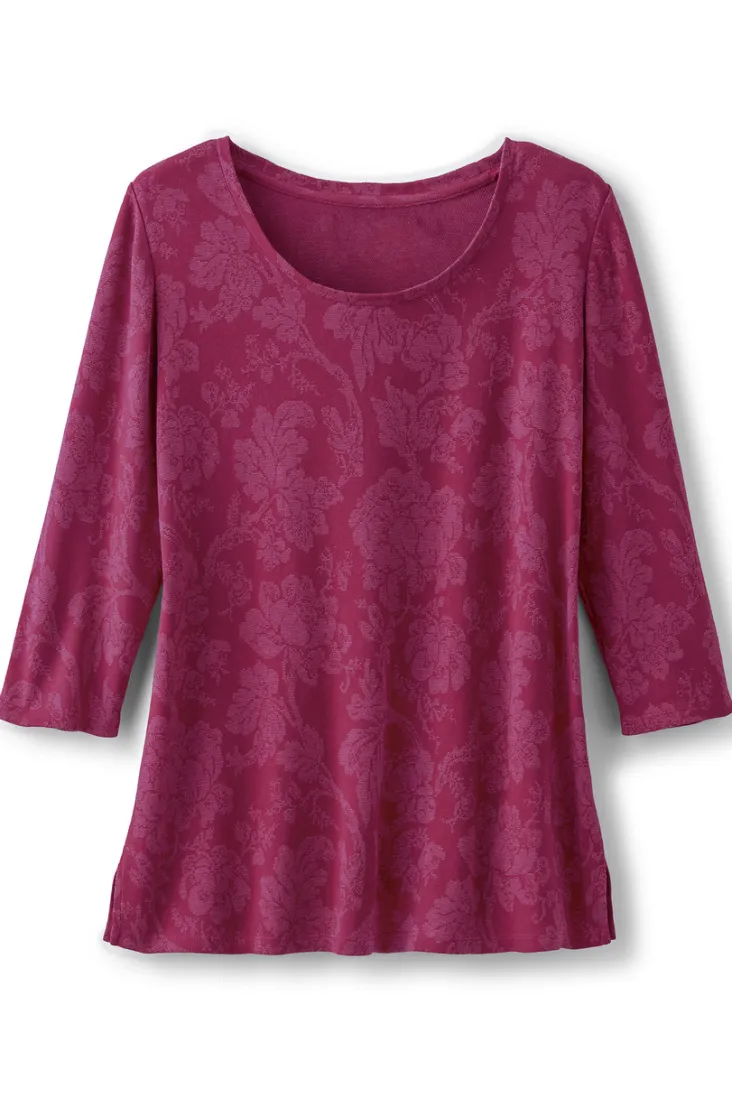 clarette_jacquard__sleeve_tunic_1.webp Fashion Soft Surroundings Clarette Jacquard 3/4 Sleeve Tunic SilhouetteFloral
