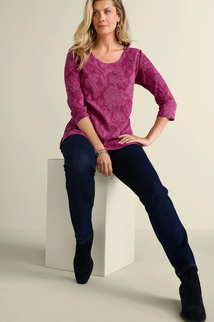 clarette_jacquard__sleeve_tunic_2.webp Fashion Soft Surroundings Clarette Jacquard 3/4 Sleeve Tunic SilhouetteFloral