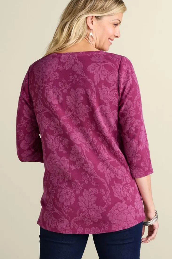 clarette_jacquard__sleeve_tunic_3.webp Fashion Soft Surroundings Clarette Jacquard 3/4 Sleeve Tunic SilhouetteFloral