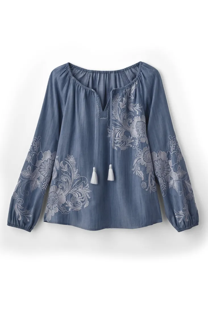 Fashion Soft Surroundings Diya Embroidered Tencel™ Peasant Top MediumWash