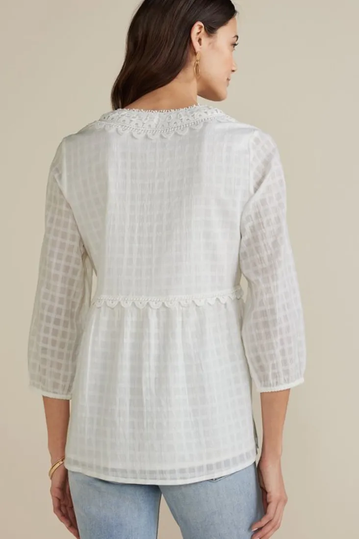 elodie_windowpane_gauze_top_2.webp Outlet Soft Surroundings Elodie Windowpane Gauze Top Navy