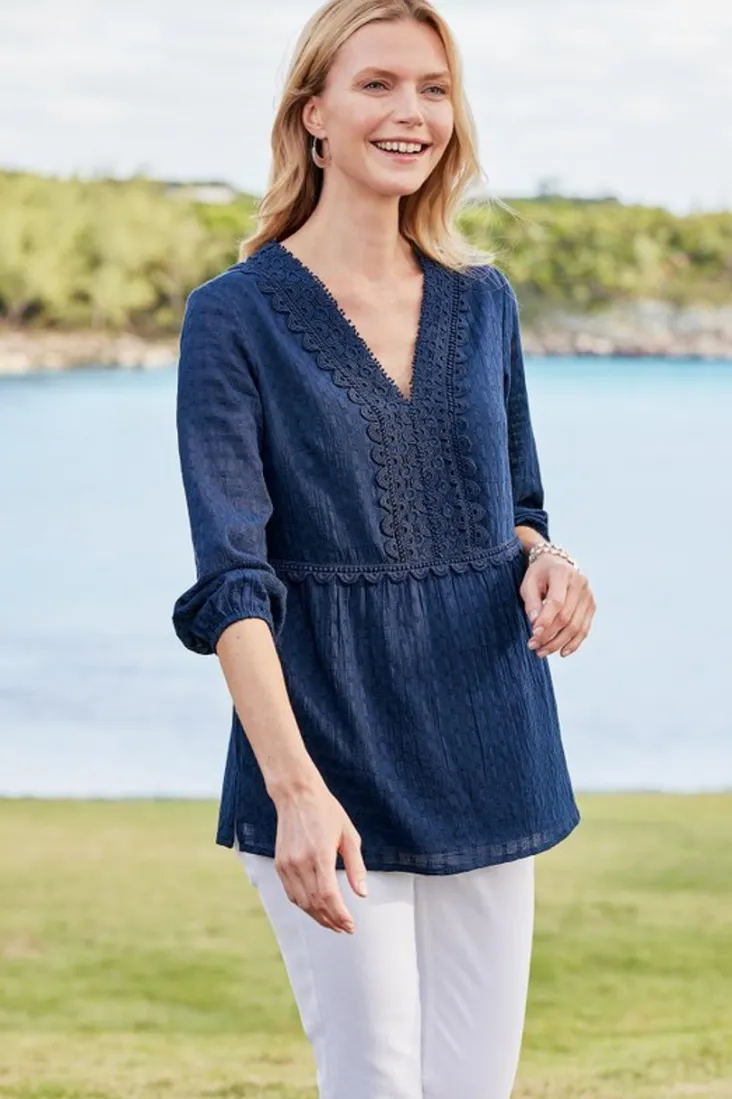 elodie_windowpane_gauze_top_4.webp Outlet Soft Surroundings Elodie Windowpane Gauze Top Navy