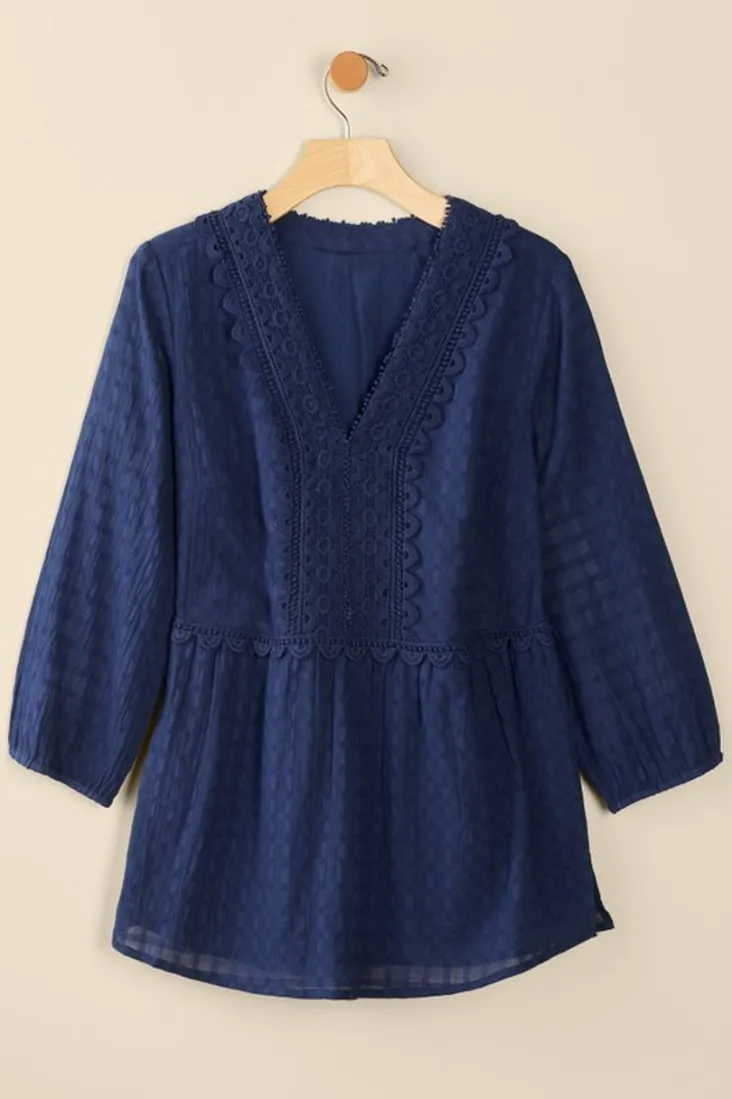 elodie_windowpane_gauze_top_6.webp Outlet Soft Surroundings Elodie Windowpane Gauze Top Navy