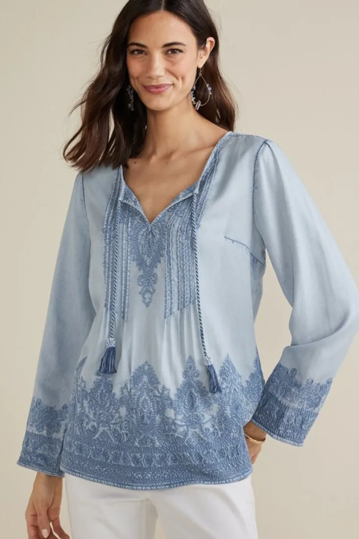 Shop Soft Surroundings Emily Embroidered Tencel™ Top LightChambray