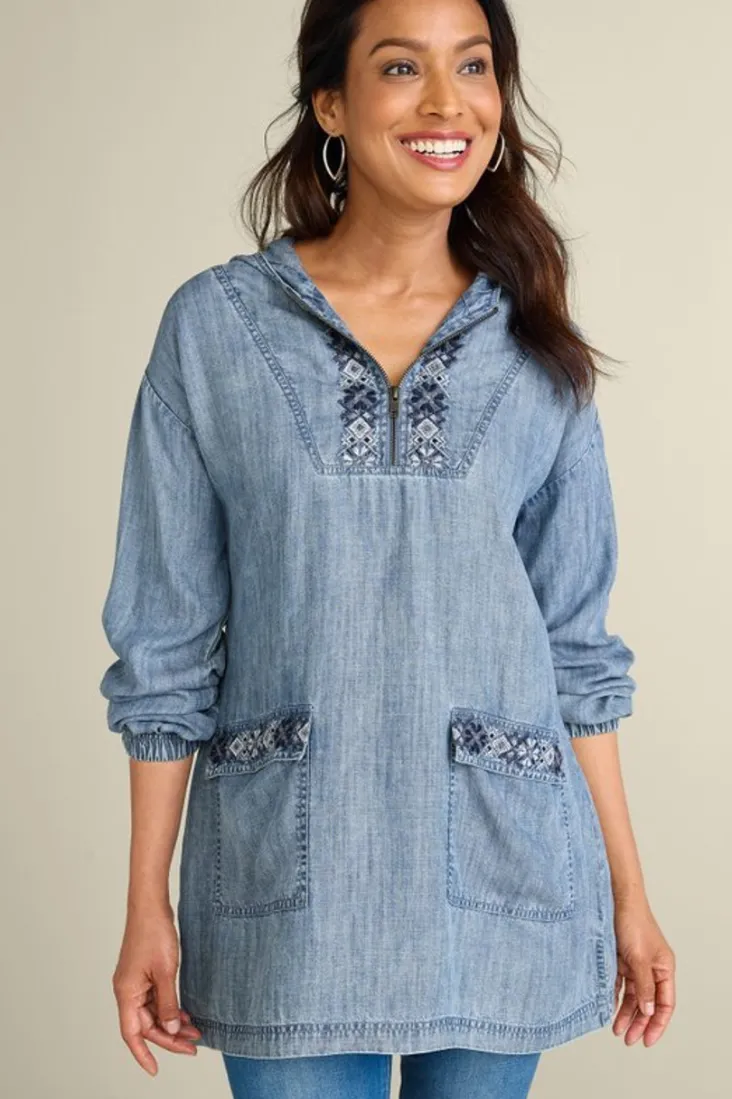 Shop Soft Surroundings Evie Embroidered Tencel Hoodie WashedBlue