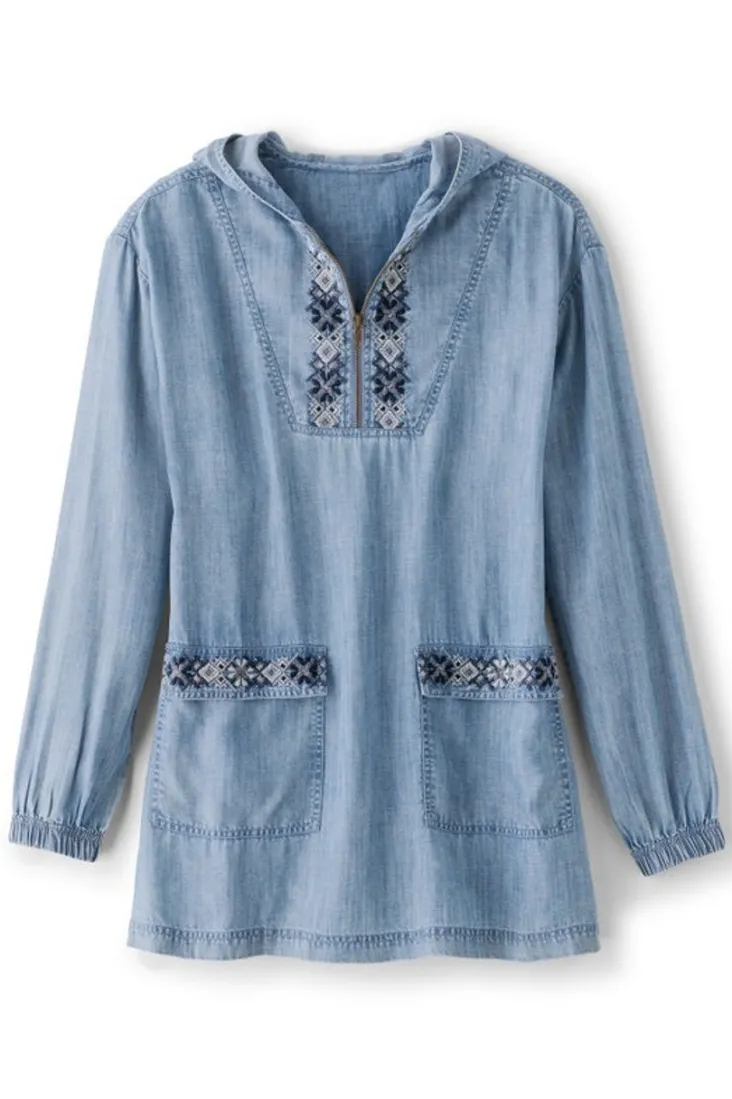 Shop Soft Surroundings Evie Embroidered Tencel Hoodie WashedBlue
