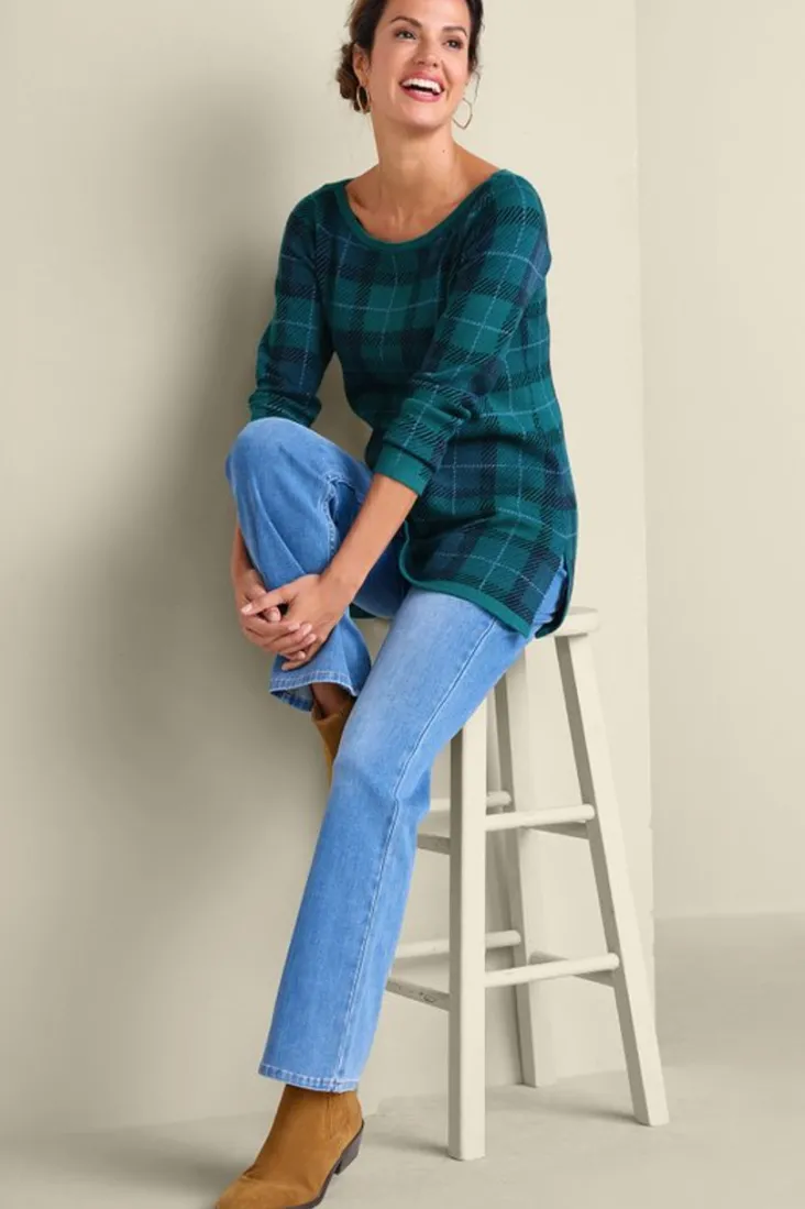 janece_plaid_sweater_tunic_2.webp Clearance Soft Surroundings Janece Plaid Sweater Tunic FestivePlaidGreen
