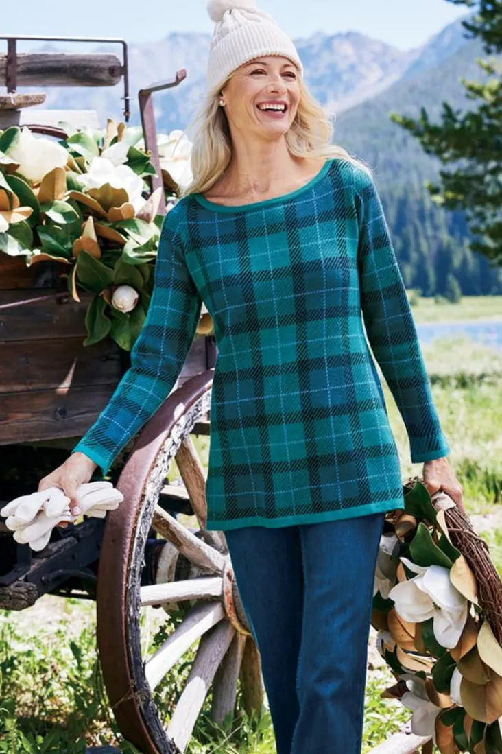 janece_plaid_sweater_tunic_4.webp Clearance Soft Surroundings Janece Plaid Sweater Tunic FestivePlaidGreen