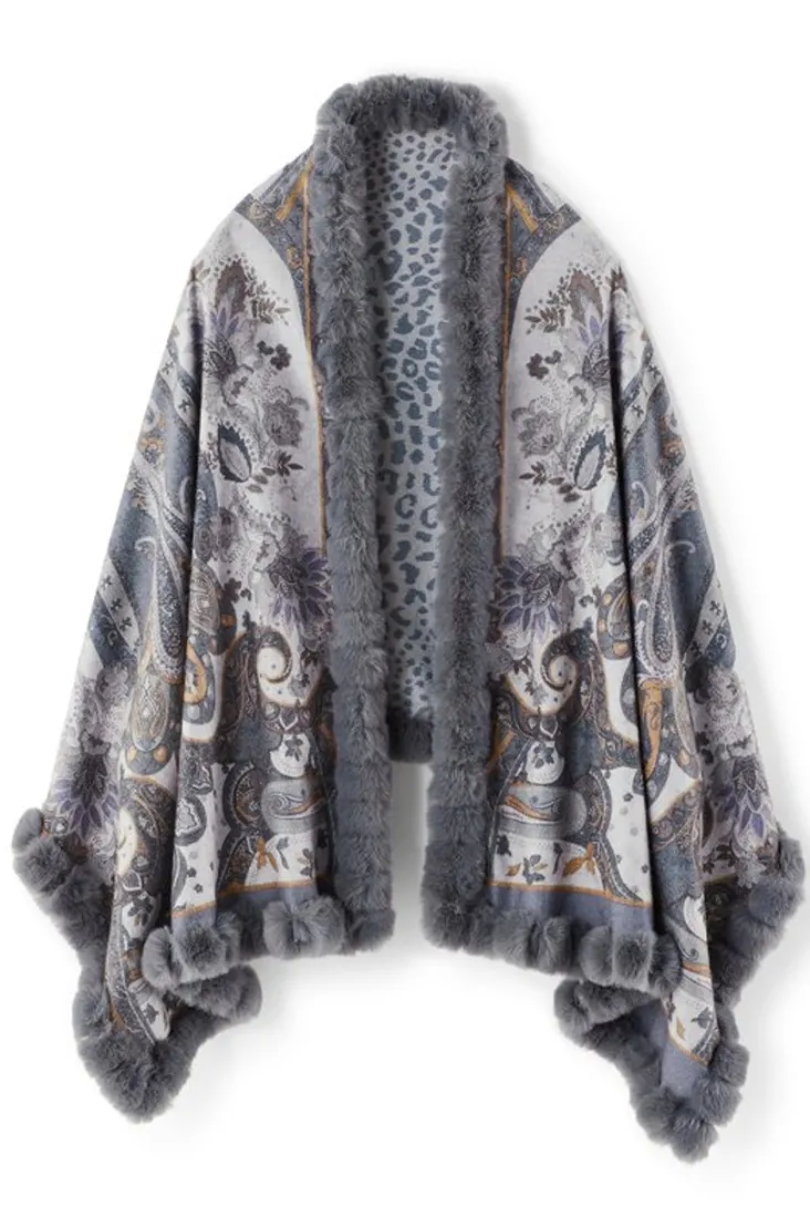 Store Soft Surroundings Katya Faux Fur Trim Wrap Scarf Gray