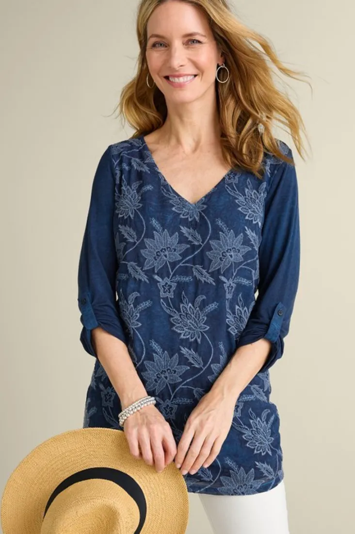 Hot Soft Surroundings Kimbra Embroidered Tunic DenimBlue