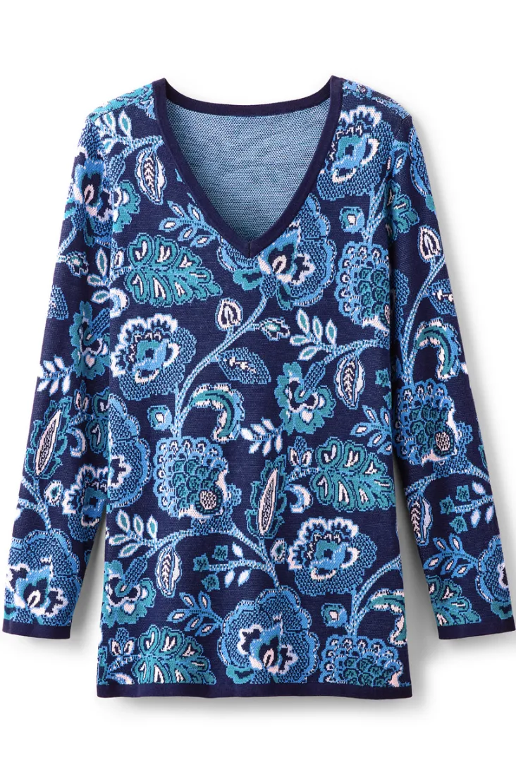 Best Soft Surroundings Leonor Jacquard Tunic Sweater FallGardenBlue