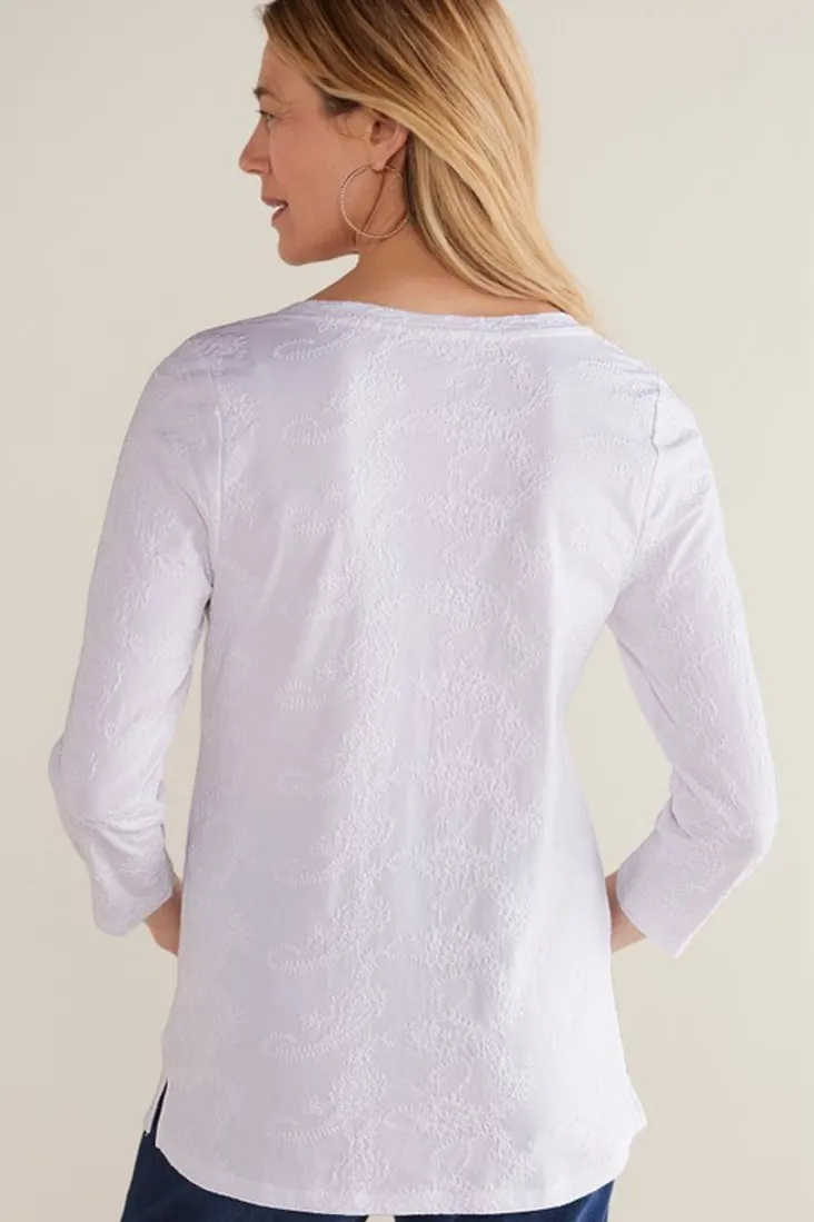 linnea_embroidered__sleeve_tee_12.webp Clearance Soft Surroundings Linnea Embroidered 3/4 Sleeve Tee Navy