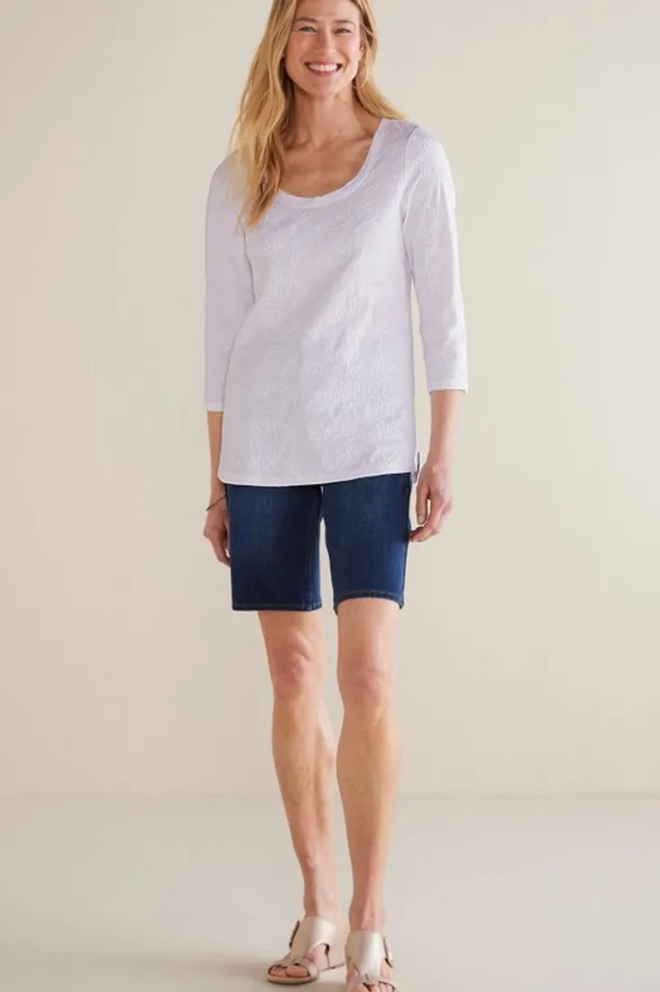 linnea_embroidered__sleeve_tee_3.webp Clearance Soft Surroundings Linnea Embroidered 3/4 Sleeve Tee Navy