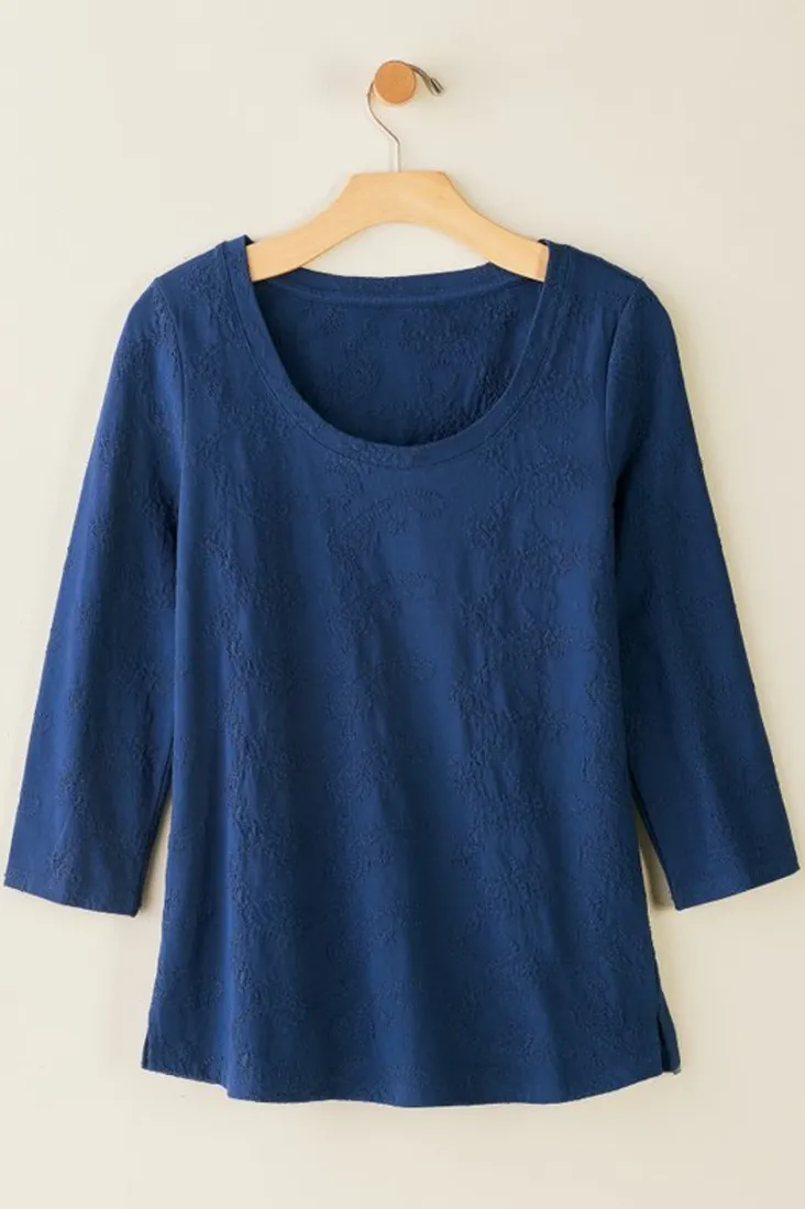 linnea_embroidered__sleeve_tee_8.webp Clearance Soft Surroundings Linnea Embroidered 3/4 Sleeve Tee Navy