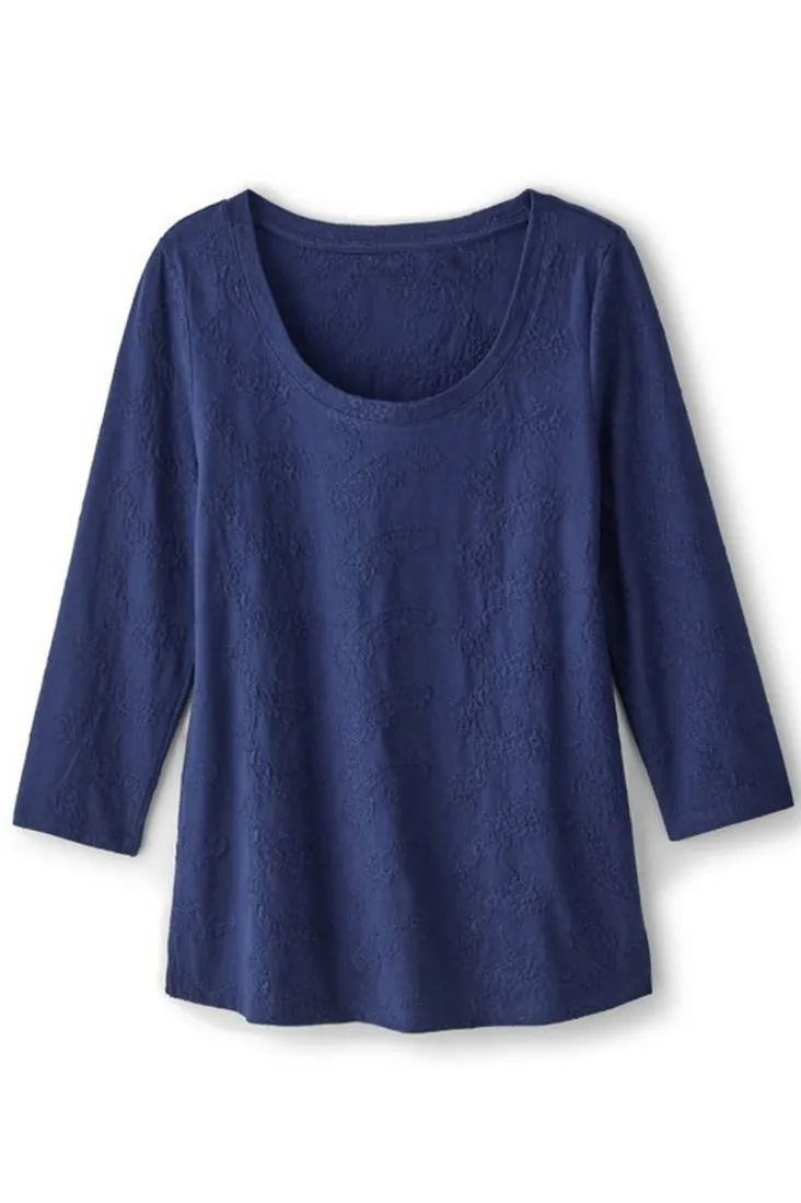 linnea_embroidered__sleeve_tee_9.webp Clearance Soft Surroundings Linnea Embroidered 3/4 Sleeve Tee Navy