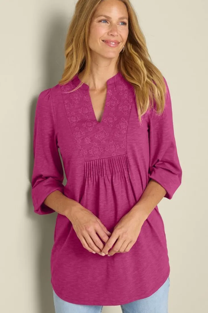 Best Sale Soft Surroundings Mikaela Embroidered 3/4 Sleeve Tunic RaspberryRadiance