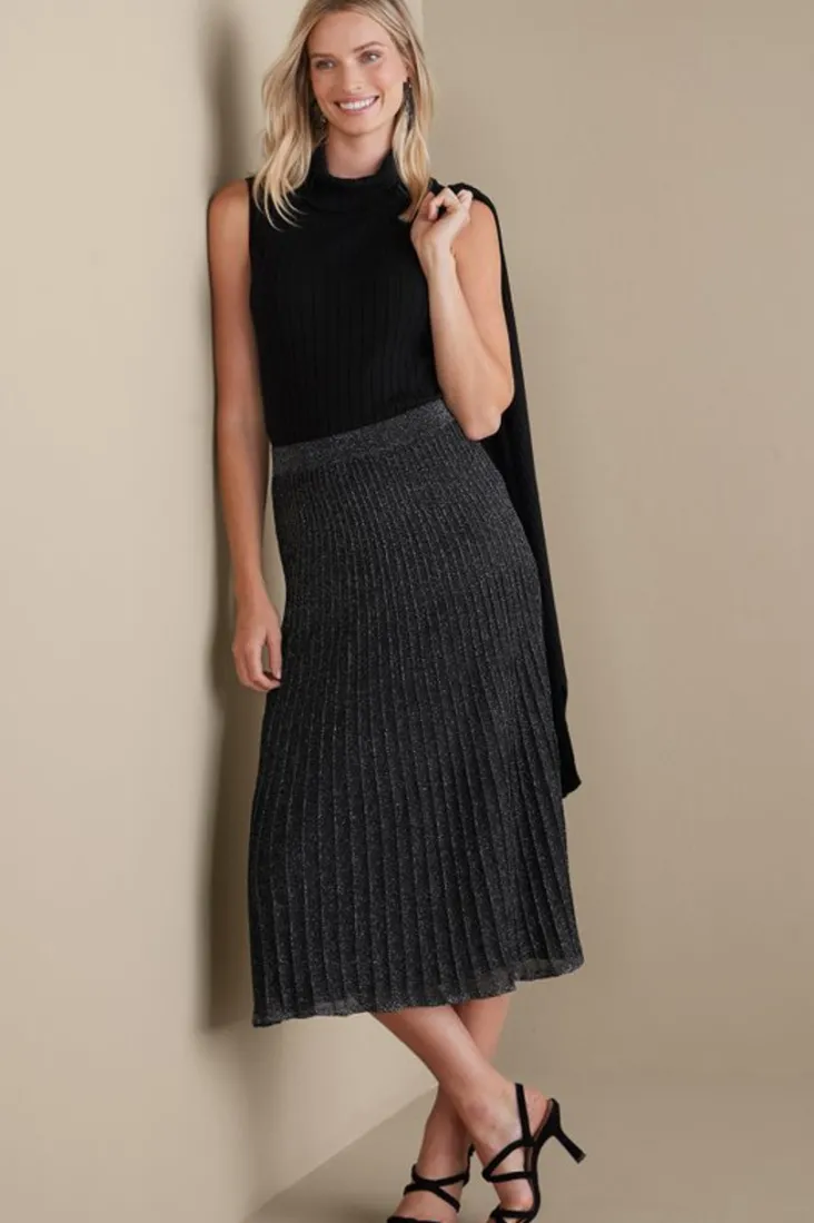 nisha_knit_pleated_skirt_2.webp Clearance Soft Surroundings Nisha Knit Pleated Skirt Black/Silver
