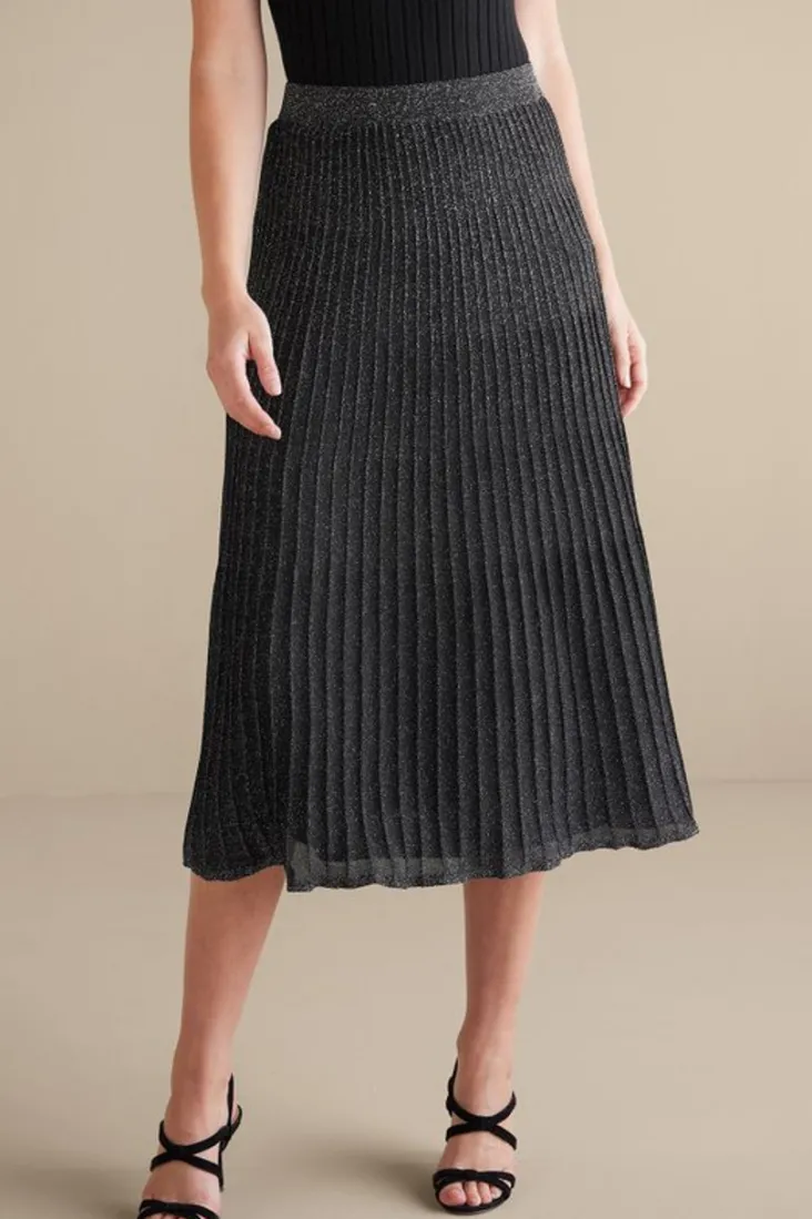 nisha_knit_pleated_skirt_3.webp Clearance Soft Surroundings Nisha Knit Pleated Skirt Black/Silver