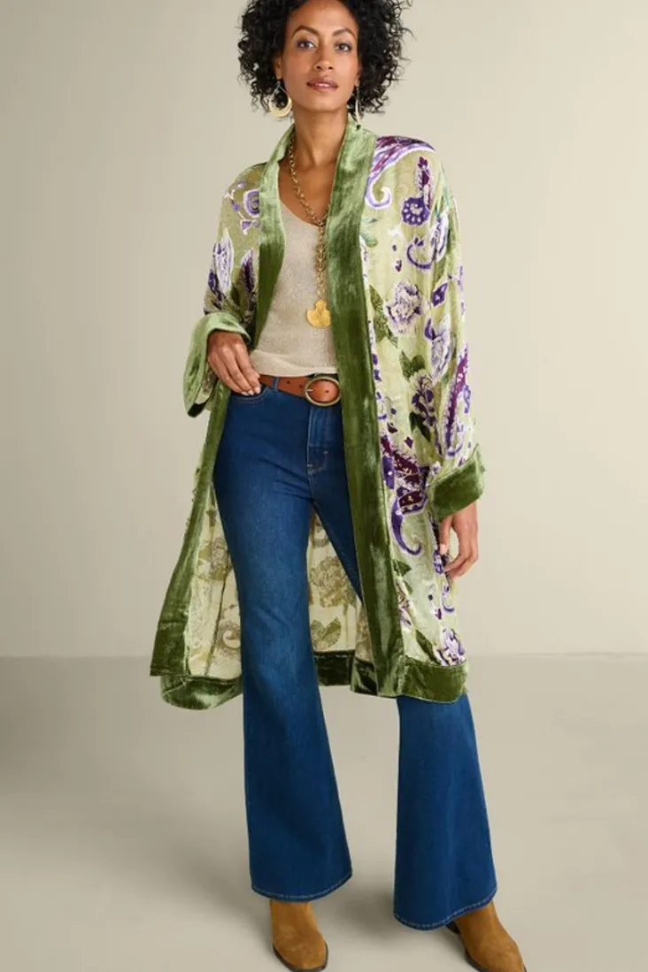 Hot Soft Surroundings Nomi Silk Blend Velvet Kimono Purple/GreenPaisley
