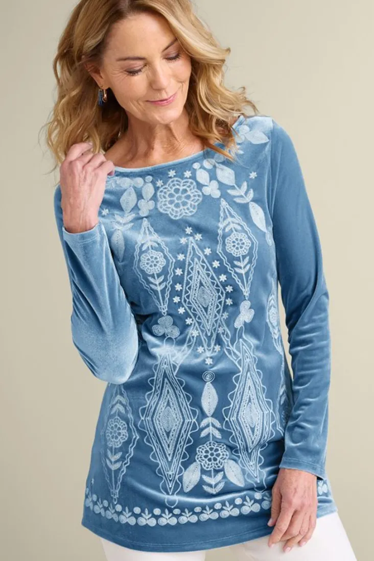 Sale Soft Surroundings Nori Embroidered Velvet Tunic MoonlightBlue