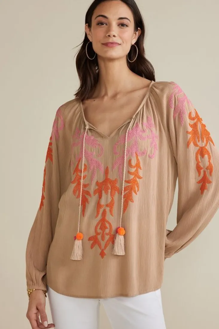noura_embroidered_gauze_pullover_2.webp Flash Sale Soft Surroundings Noura Embroidered Gauze Pullover Sesame