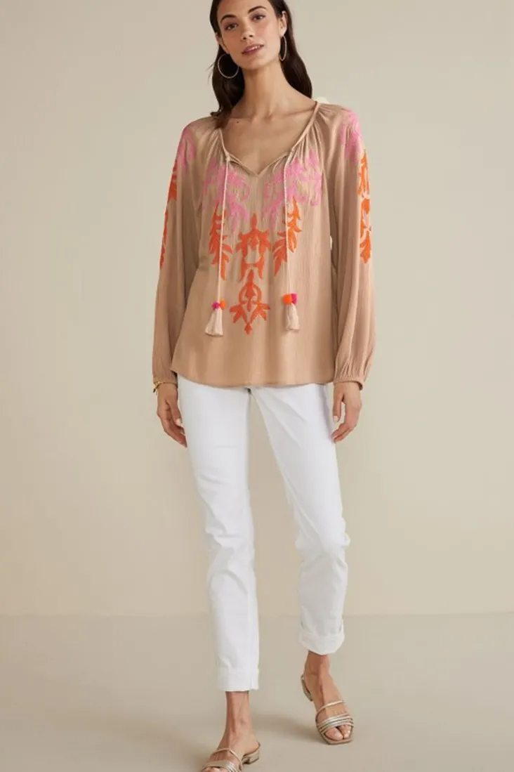 noura_embroidered_gauze_pullover_3.webp Flash Sale Soft Surroundings Noura Embroidered Gauze Pullover Sesame