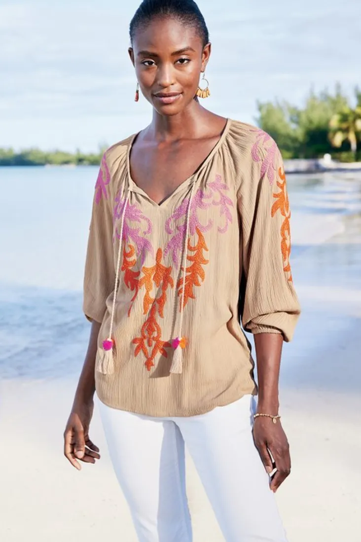 noura_embroidered_gauze_pullover_5.webp Flash Sale Soft Surroundings Noura Embroidered Gauze Pullover Sesame