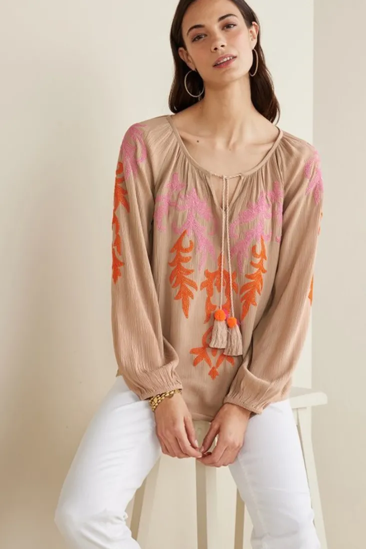 noura_embroidered_gauze_pullover_7.webp Flash Sale Soft Surroundings Noura Embroidered Gauze Pullover Sesame