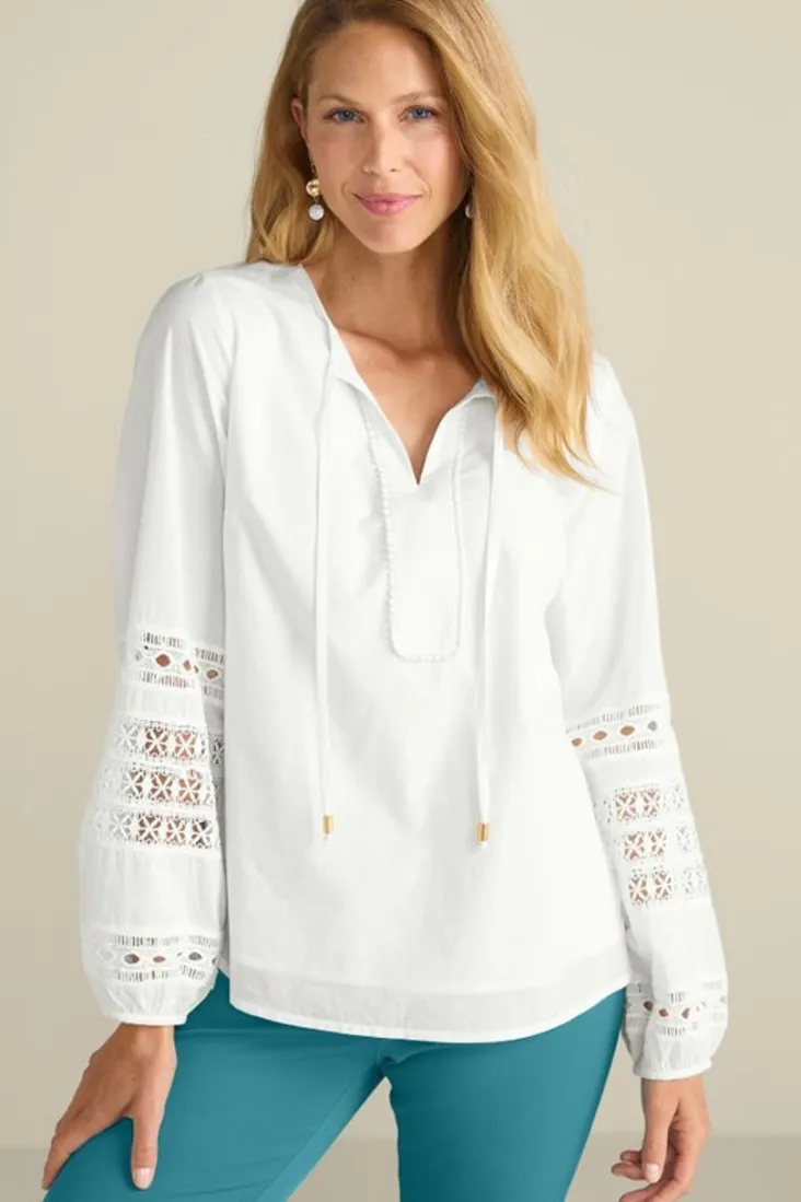 Sale Soft Surroundings Prospera Lace Trim Top IvoryPearl
