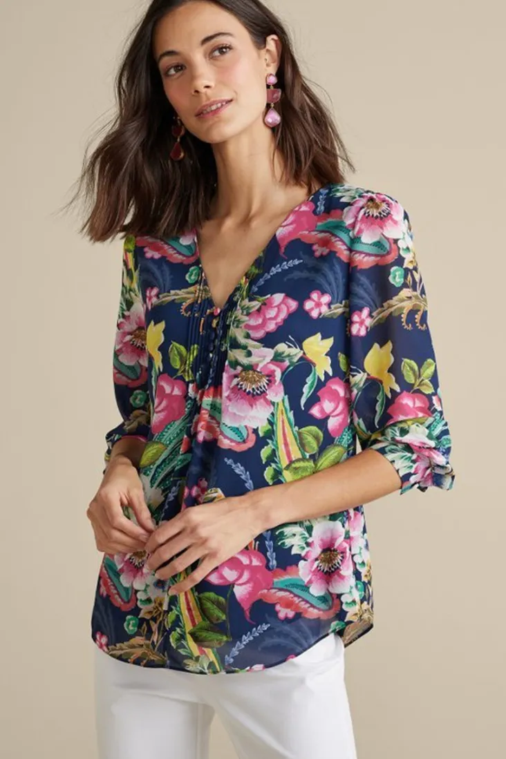 Best Sale Soft Surroundings Samantha Georgette Top NavyPaisley