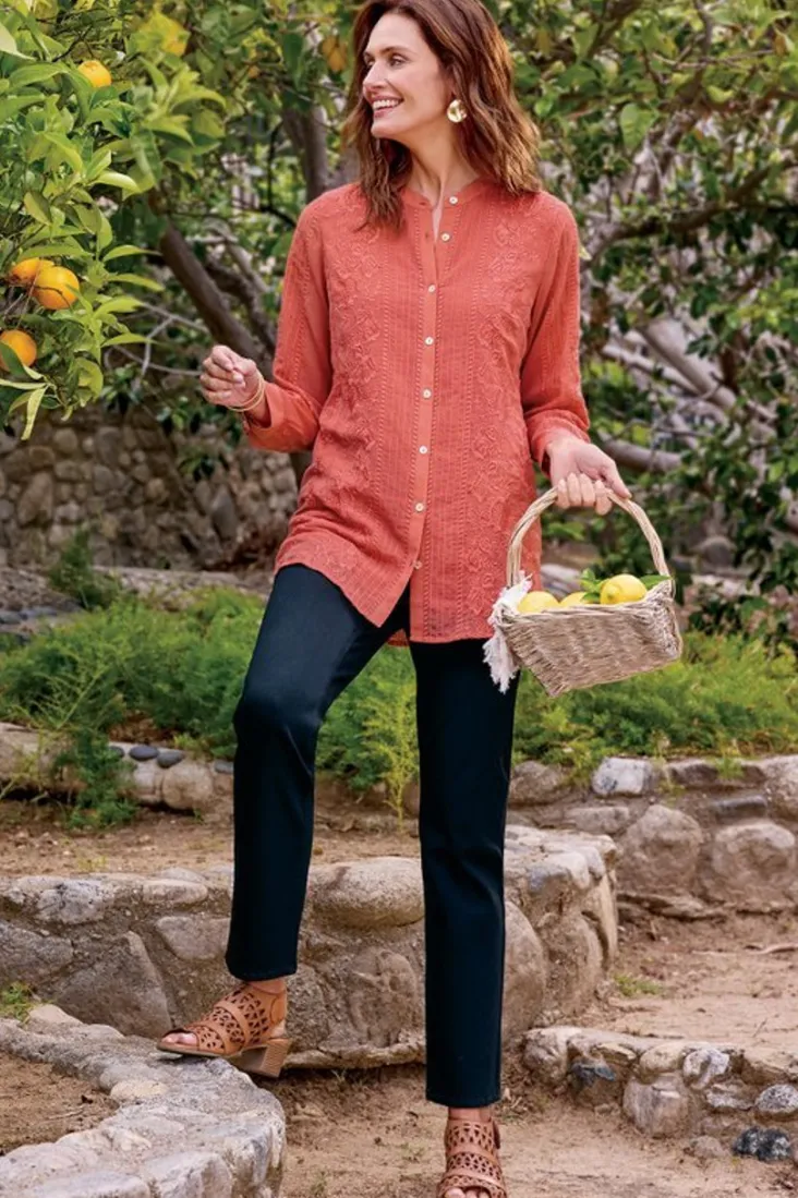 serafine_embroidered_tunic_4.webp Sale Soft Surroundings Serafine Embroidered Tunic ApricotBrandy