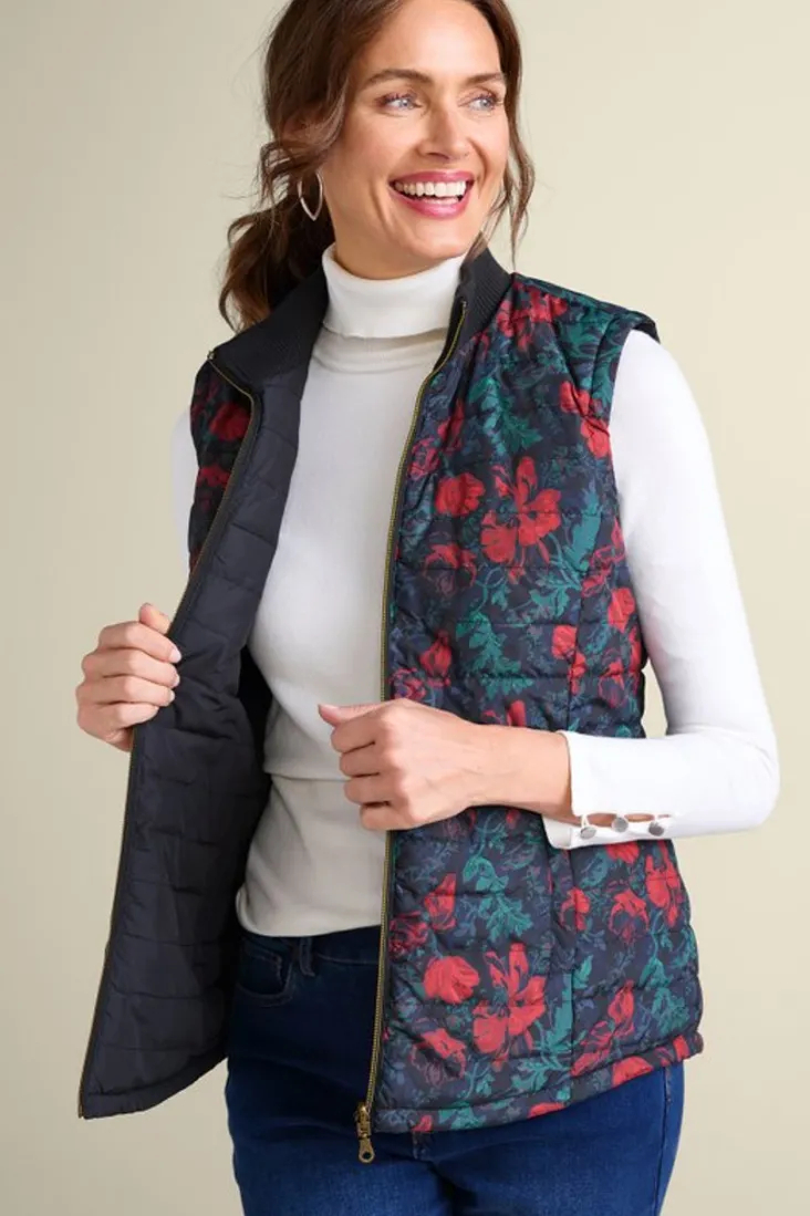 Fashion Soft Surroundings Sienna Reversible Puffer Vest WildflowerAntiqueBlack