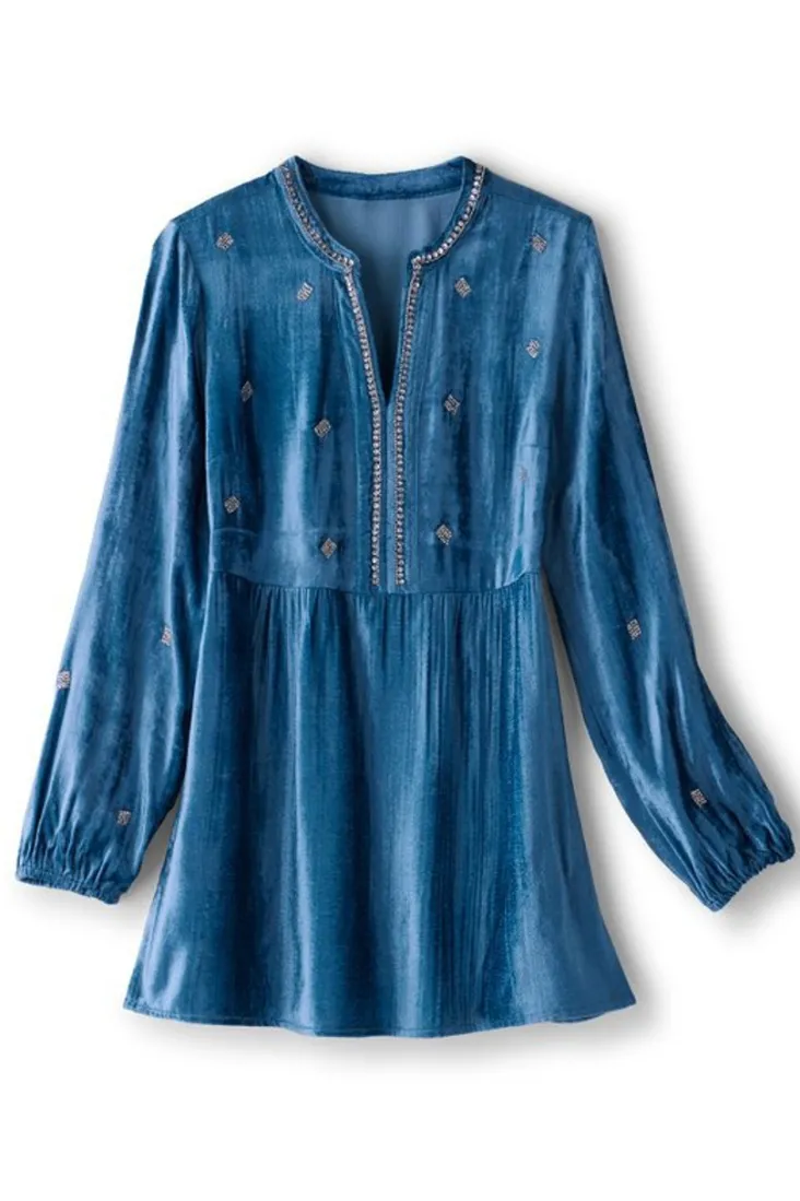 Discount Soft Surroundings Verna Embellished Velvet Tunic BlueSapphire